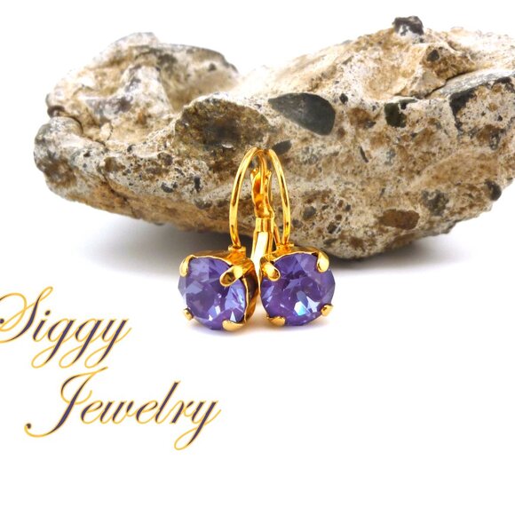 Amethyst Ignite Purple Genuine Austrian Crystal Gold Plated Lever-back Earrings - Picture 4 of 7